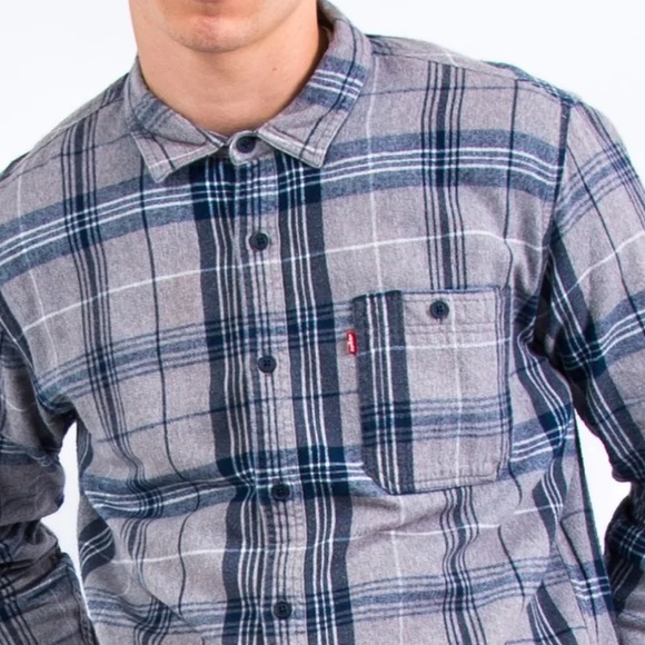 Levi’s size M blue & grey plaid 100% Cotton button up long sleeve flannel shirt - Picture 5 of 16